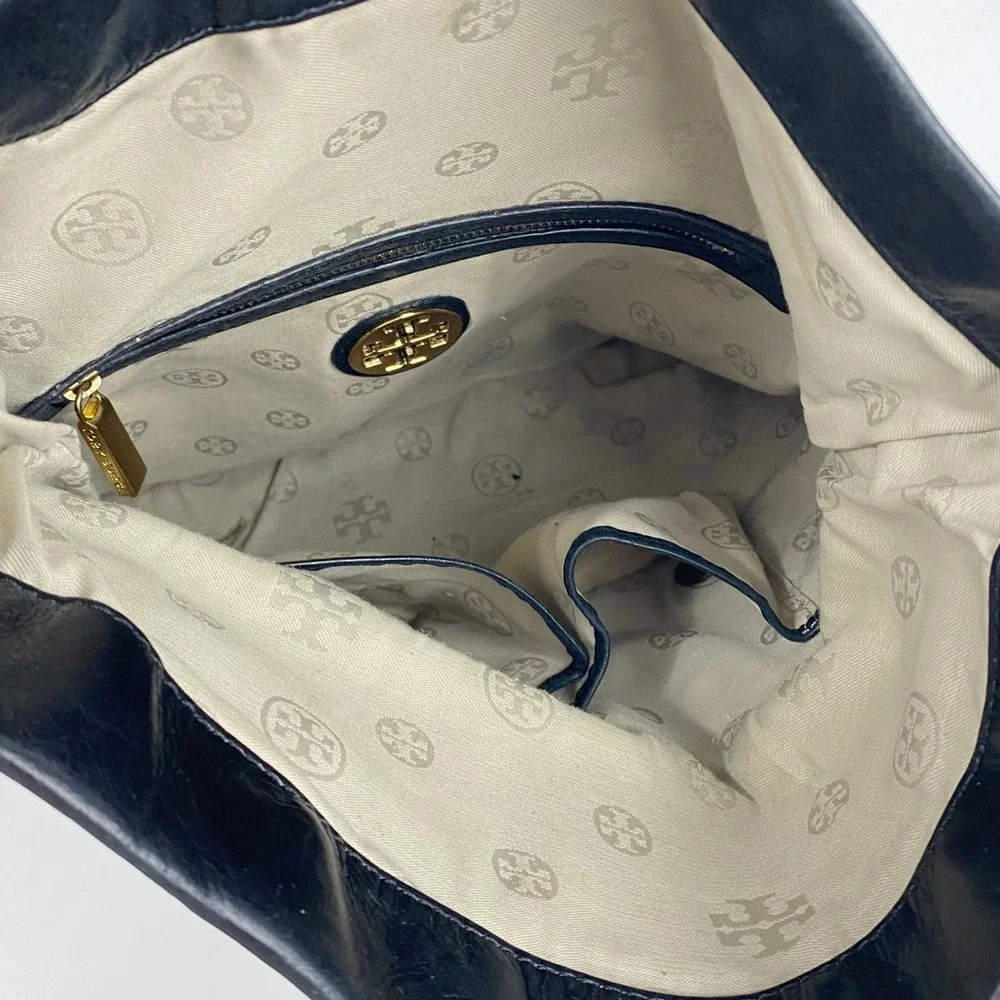 Tory Burch Leather Foldover Handbag Black Convertible Purse Clutch Shoulder Bag
